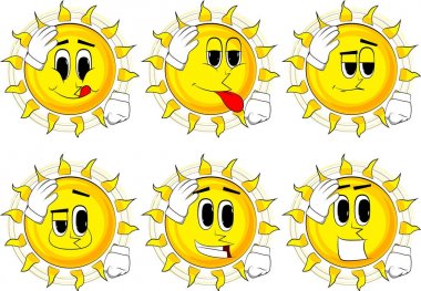 Çizgi film güneş elini başının üstüne yerleştirerek. Yüz palm jest.