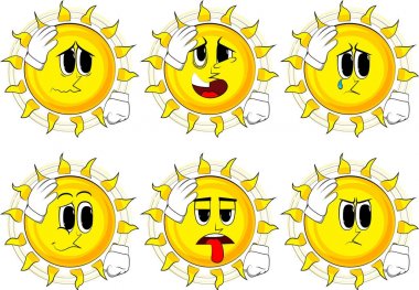 Çizgi film güneş elini başının üstüne yerleştirerek. Yüz palm jest.