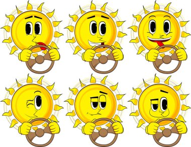 Araba sürme, bir direksiyon tutan karikatür güneş.