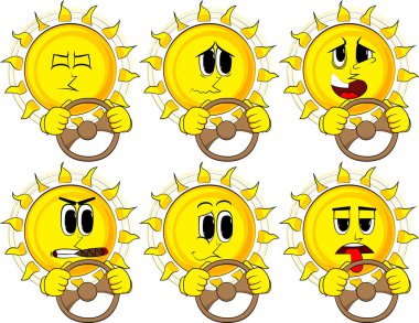 Araba sürme, bir direksiyon tutan karikatür güneş.