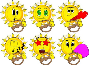 Araba sürme, bir direksiyon tutan karikatür güneş.