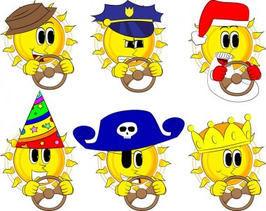 Araba sürme, bir direksiyon tutan karikatür güneş.