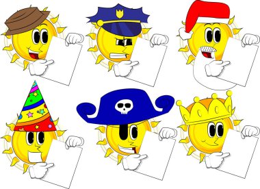 Beyaz kağıt tutan ve bunda işaret çizgi film güneş.