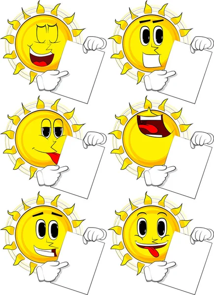 Cartoon sol segurando papel branco e apontando para ele . — Vetor de Stock