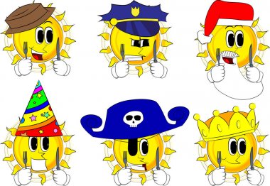 Bir bıçak ve çatal tutan karikatür güneş.