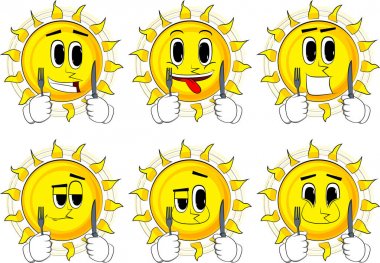 Bir bıçak ve çatal tutan karikatür güneş.