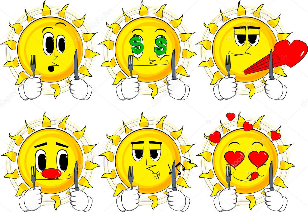 Cartoon sun holding up a knife and fork.