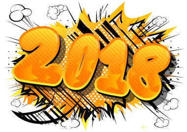 Yaratıcı mutlu yeni yıl 2018 tasarım kartı çizgi roman arka plan üzerinde.