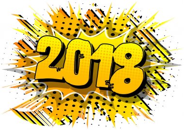 Yaratıcı mutlu yeni yıl 2018 tasarım kartı çizgi roman arka plan üzerinde.
