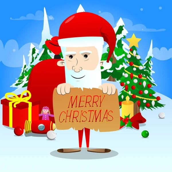 Santa Claus holding old paper with Merry Christmas text. — Stock Vector