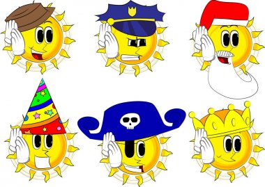 Çizgi film güneş tutan her ikisi de el onun kulağına, dinleme.