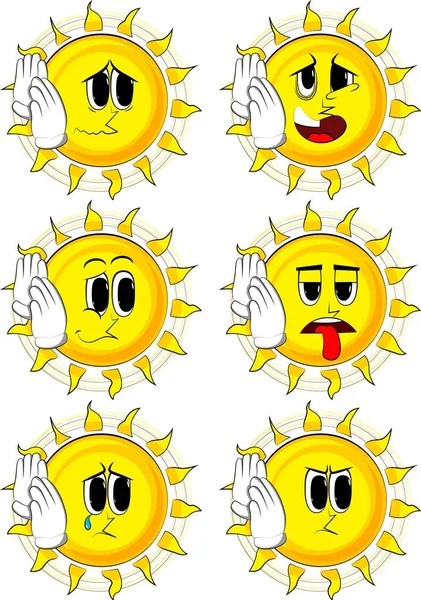 Cartoon sun holds both hand at his ear, listening. — Stock Vector