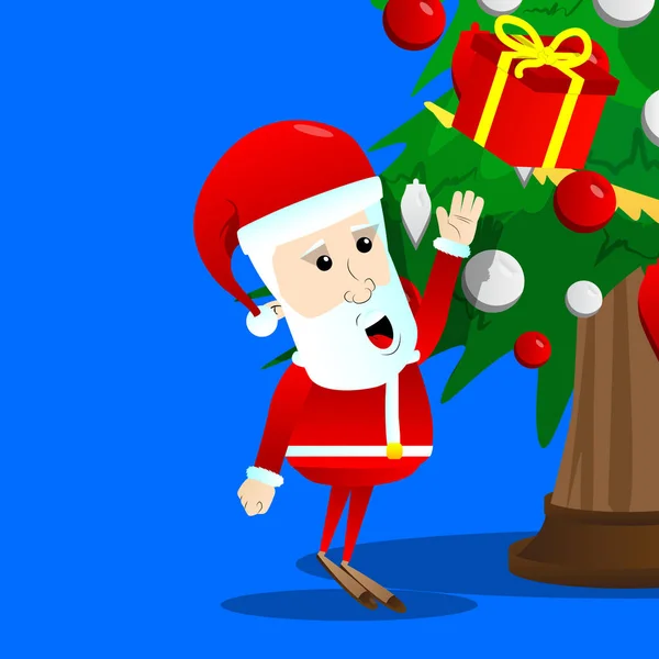 Santa Claus busca una caja de regalo en un árbol de Navidad . — Archivo Imágenes Vectoriales