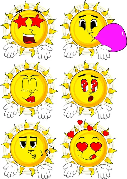 Cartoon-Sonne, die etwas mit beiden Händen zeigt oder keine Geste ausdrückt. — Stockvektor