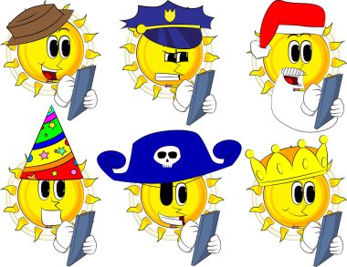 Bir kitap kapağı üzerinde güneş yazılı karikatür. Kostüm koleksiyonu. İfadeler kümesi vektör.