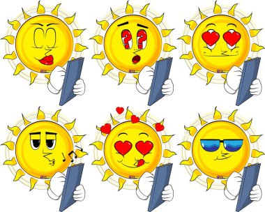 Bir kitap kapağı üzerinde güneş yazılı karikatür. Koleksiyon çeşitli yüz ifadeleri ile. Vektör set.