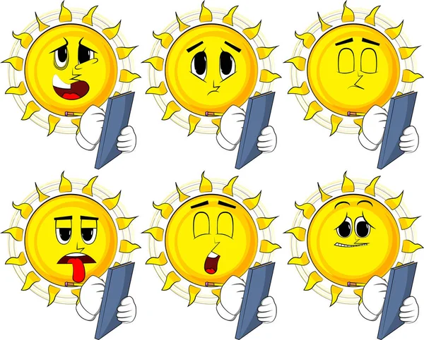 Cartoon sun writing on a books cover. Collection with sad faces. Expressions vector set.
