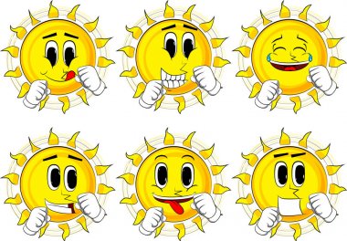 Yumruklarını önünde savaşmaya hazır tutan güneş karikatür. Mutlu yüzler koleksiyonuyla. İfadeler kümesi vektör.