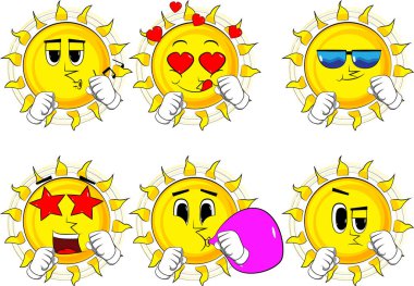 Yumruklarını önünde savaşmaya hazır tutan güneş karikatür. Koleksiyon çeşitli yüz ifadeleri ile. Vektör set.
