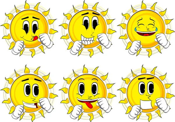 Мультяшное Солнце Держит Перед Собой Кулаки Готовые Бою Коллекция Счастливыми — стоковый вектор
