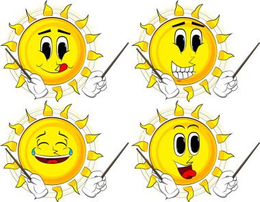 Çizgi film güneş orkestra şefi. Mutlu yüzler koleksiyonuyla. İfadeler kümesi vektör.