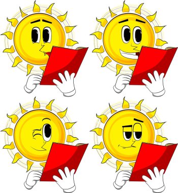 Çizgi film güneş kırmızı kitap okuyorum. Mutlu yüzler koleksiyonuyla. İfadeler kümesi vektör.