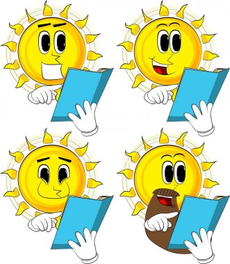 Çizgi film güneş okuma ve açık bir kitap işaret. Mutlu yüzler koleksiyonuyla. İfadeler kümesi vektör.