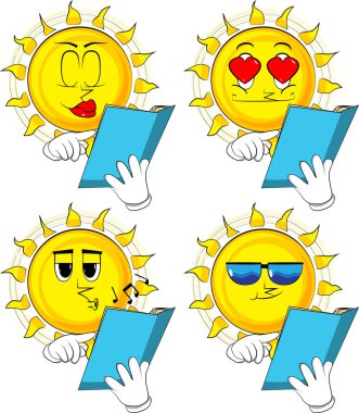 Çizgi film güneş okuma ve açık bir kitap işaret. Koleksiyon çeşitli yüz ifadeleri ile. Vektör set.