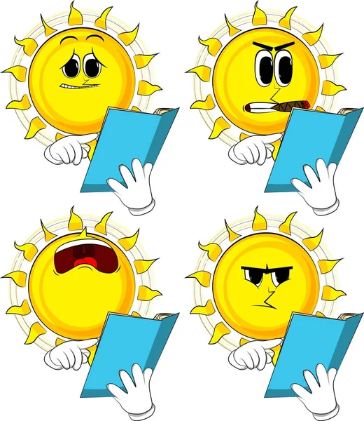 Çizgi film güneş okuma ve açık bir kitap işaret. Yüzleri üzgün koleksiyonuyla. İfadeler kümesi vektör.