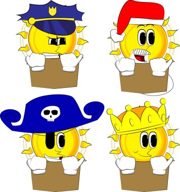 Kitap okuma ve arkasında saklanıyor güneş karikatür. Kostüm koleksiyonu. İfadeler kümesi vektör.