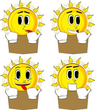 Kitap okuma ve arkasında saklanıyor güneş karikatür. Mutlu yüzler koleksiyonuyla. İfadeler kümesi vektör.