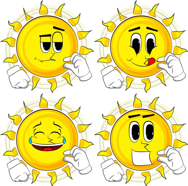 Карикатурное Солнце Жестикулирует Рукой Небольшом Количестве Коллекция Счастливыми Лицами Векторное — стоковый вектор