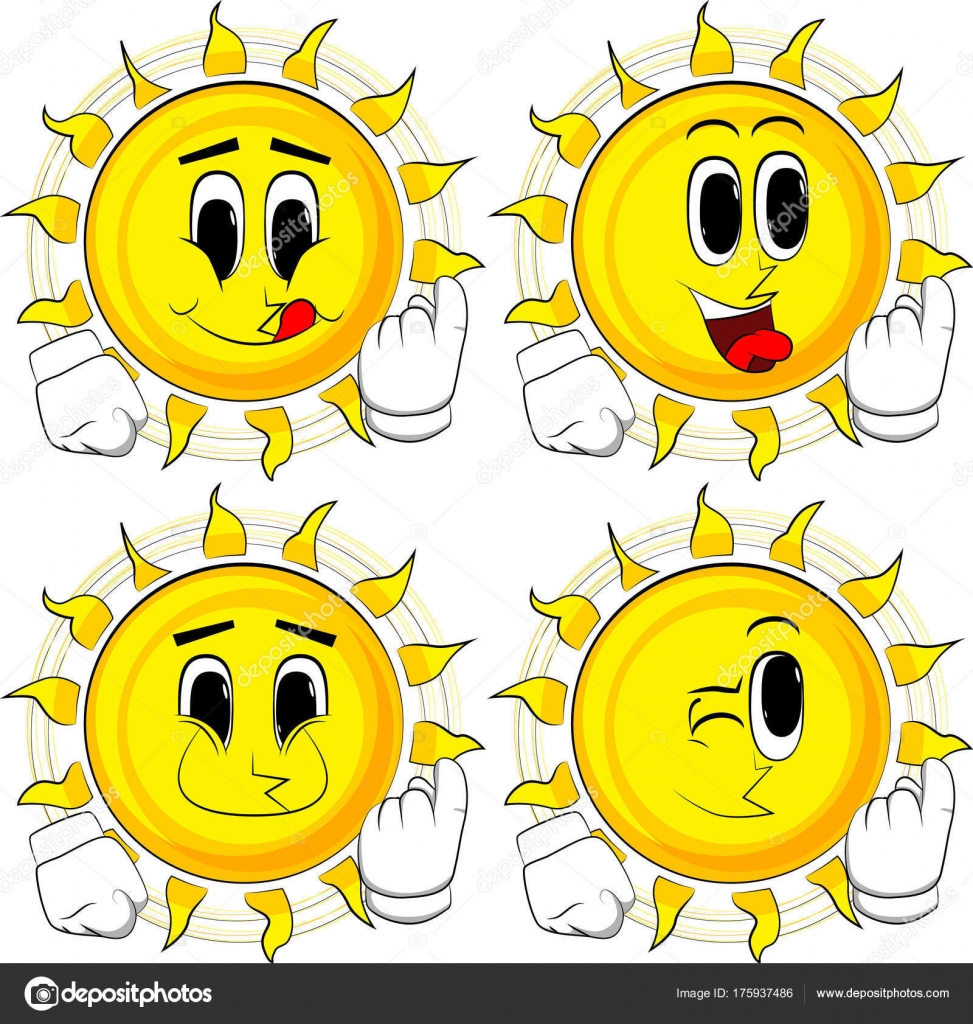 Sol Dibujos Animados Invitando Venir Allí Colección Con Caras Felices