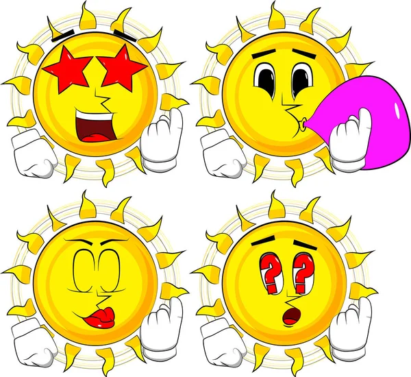 Karikatura Slunce Zve Tam Kolekce Různými Výrazy Obličeje Vektorové Sada — Stockový vektor