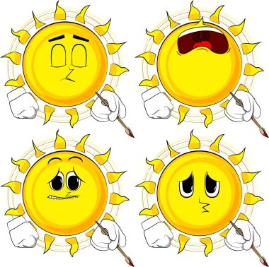 Karikatür sanatçısı güneş boyama. Yüzleri üzgün koleksiyonuyla. İfadeler kümesi vektör.