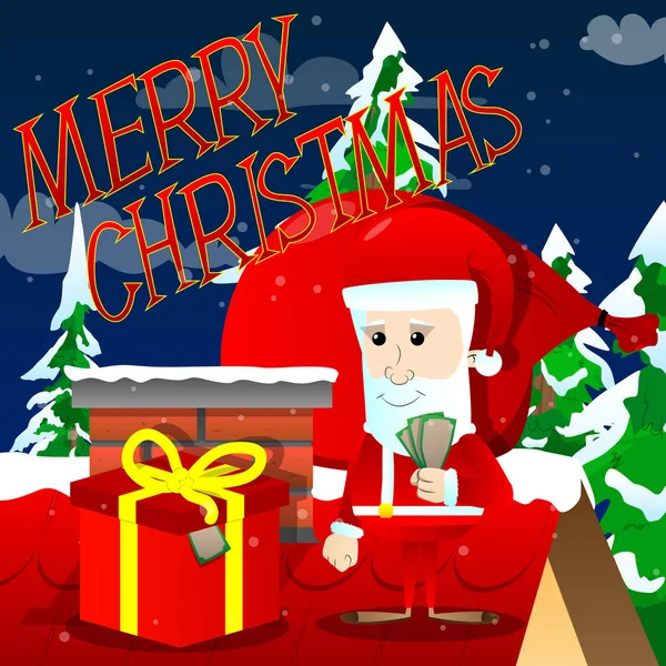 Santa Claus Preparing Give Box Money Christmas Vector Cartoon Character — Stock Vector