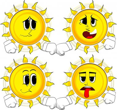 Bir yumruk çarpmak veren güneş karikatür. Yüzleri üzgün koleksiyonuyla. İfadeler kümesi vektör.