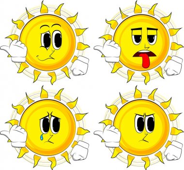 Sun'ın arkasından işaret eden bir ele karikatür. Yüzleri üzgün koleksiyonuyla. İfadeler kümesi vektör.