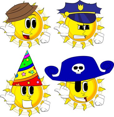 Sun'ın arkasından işaret eden bir ele karikatür. Kostüm koleksiyonu. İfadeler kümesi vektör.