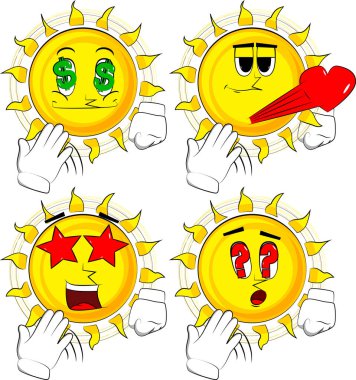 Çizgi film güneş kendini eliyle soğutma. Koleksiyon çeşitli yüz ifadeleri ile. Vektör set.