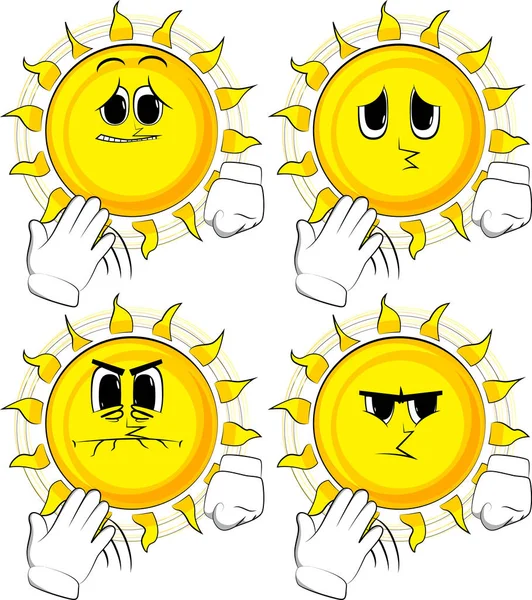 Cartoon Sun Svalkar Sig Med Handen Samling Med Ledsna Ansikten — Stock vektor