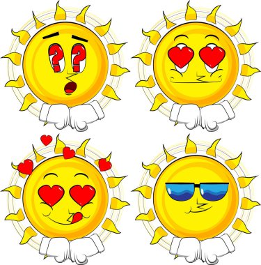 Güneş yumruk birlikte Dövüşten önce isabet karikatür. Koleksiyon çeşitli yüz ifadeleri ile. Vektör set.