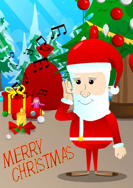 Santa Claus Holding Hand His Ear Listening Vector Cartoon Character — Stock Vector