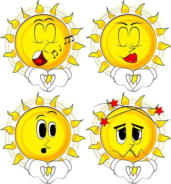 Карикатурное Солнце Жестом Руки Форме Сердца Коллекция Различными Выражениями Лица — стоковый вектор