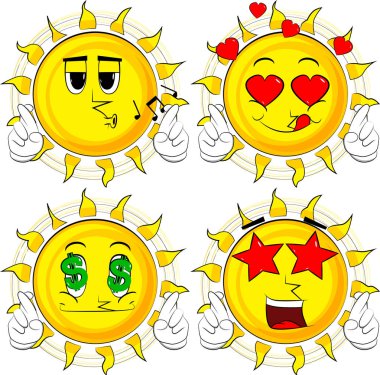 Onun parmak kapısı ve iyi şans için isteyen güneş karikatür. Koleksiyon çeşitli yüz ifadeleri ile. Vektör set.