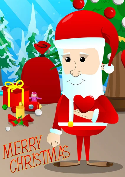 Weihnachtsmann Mit Kleinem Roten Herz Vektor Zeichentrickfigur Illustration — Stockvektor