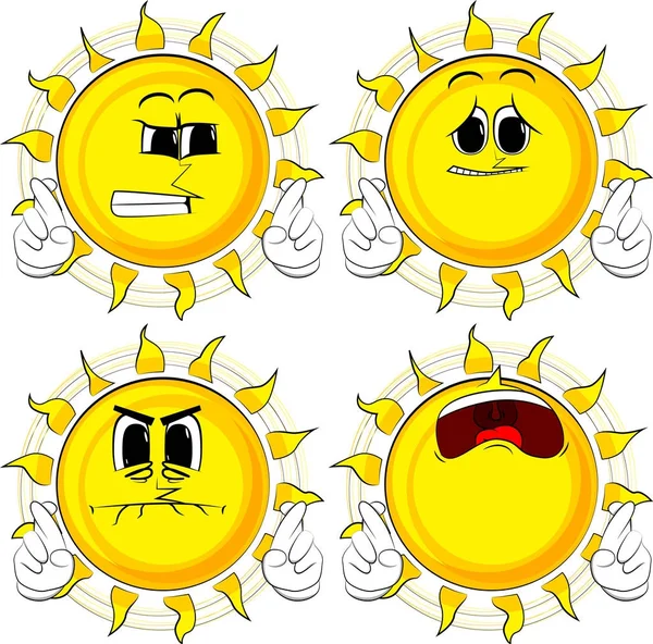Onun parmak kapısı ve iyi şans için isteyen güneş karikatür. Yüzleri üzgün koleksiyonuyla. İfadeler kümesi vektör.