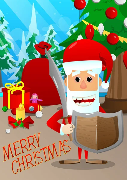 サンタ クロースがクリスマスのための剣と盾を与えるために準備します ベクトル漫画キャラ イラスト — ストックベクタ