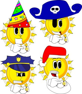 Çizgi film güneş saatini kontrol. Kostüm koleksiyonu. İfadeler kümesi vektör.