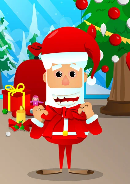 圣诞老人把红丝带绑在脖子上 矢量卡通人物插图 — 图库矢量图片